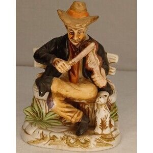 VTG Tramp Hobo On A Bench W/ Dog Playing Fiddle Violin Porcelain Figurine